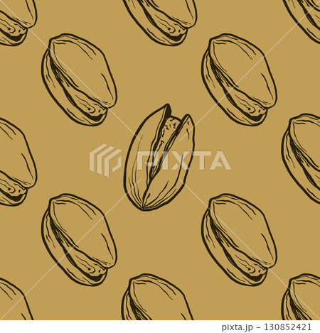 Vector line art seamless pattern of pistachio. Hand painted nuts on pastel beige background. Tasty food illustration for design, print, fabric or background. Vector line art seamless pattern of pistachio. Hand painted nuts on pastel beige background. Tasty food illustration for design, print, fabric or background. 130852421