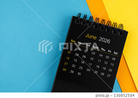 Black calendar for June 2026 on multi color background. Black calendar for June 2026 on multi color background. 130852584
