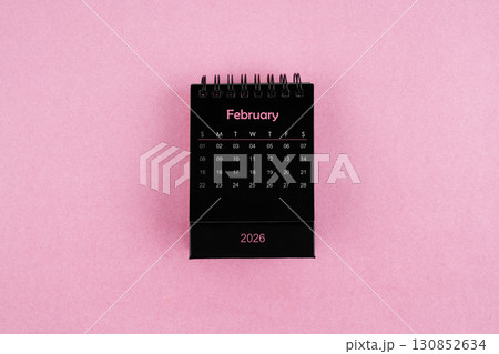 Black calendar for February 2026 year on pink color background. Black calendar for February 2026 year on pink color background. 130852634
