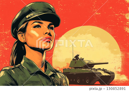 A bold and empowering advertising poster featuring a full-length female tanker in a crisp military uniform, standing confidently against a combat tank background, evoking patriotism 130852891