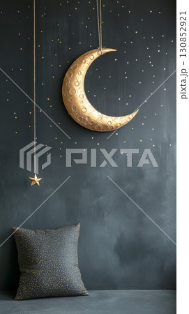 A clean, minimal mock-up of a children party or a child bedroom backdrop with a dark blue-gray wall, golden moon and stars hanging on thread, adding a playful yet elegant touch 130852921