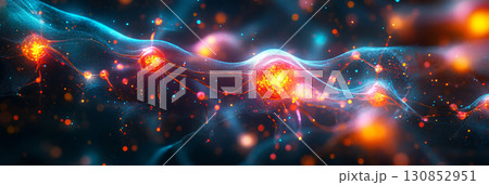 The close-up reveals glowing neural connections firing within the body, with electrical impulses spreading throughout, forming a pulsating web of light in a dynamic, futuristic banner 130852951