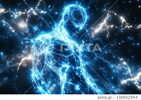 An artistic portrayal of neural connections in the human body, featuring glowing nodes representing synapses and vibrant, fluid lines flowing dynamically, evoking movement and communication 130852954