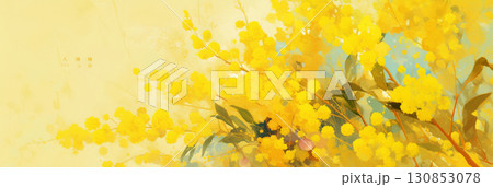 Vibrant mimosa flowers captured up close, showcasing intricate fluffy blossoms and tender green leaves, softly glowing under warm sunlight, delicate and bright, banner 130853078