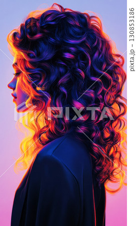 A close-up of a girls head from behind, showcasing smooth, straight hair that falls down her back. Subtle highlights emphasize the sleek texture in a minimalist style 130853186