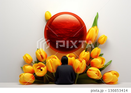 A vibrant scene of a dragonfly resting on a white water lily in the middle of a peaceful pond. The delicate wings and serene water capture nature beauty and harmony 130853414