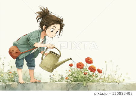 美優シリーズ：小学生の美優、花に水をやる 130853495