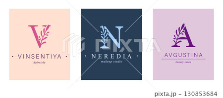 Logo V, N, capital letter A. Monogram of Botanical Minimalistic, Initial. with Organic Plant Elements. 130853684