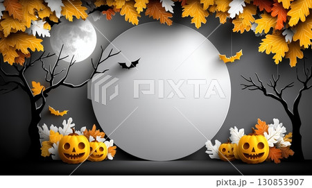 Spooky Halloween Background with Jack-o-Lanterns, Bats, and Full Moon, Autumn Leaves Border and Blank Circle for Text 130853907