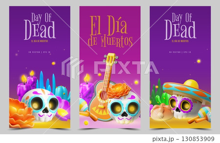 Dia de Los Muertos day 3D design vector set, Mexican Day of the dead symbols, Calavera painted sugar skull, marigold 130853909