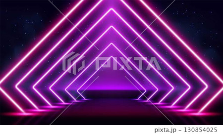 Abstract neon purple diamond frame with tunnel effect, on dark background with particles. 130854025