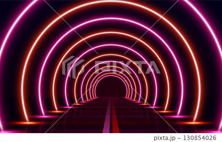 Light neon arch gate with glowing red and pink circles on dark background, led luminous round portal, laser circle frame Light neon arch gate with glowing red and pink circles on dark background, led luminous round portal, laser circle frame 130854026