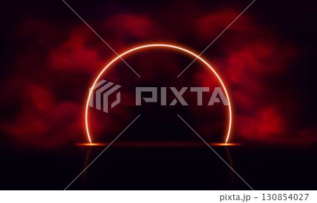 Round frame, neon, glowing, with red smoke effect and reflection on black isolated background. 130854027