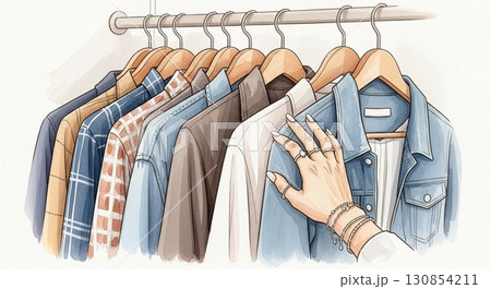 クローゼットから服を選ぶ女性の手の水彩イラスト クローゼットから服を選ぶ女性の手の水彩イラスト 130854211
