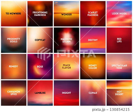 BIG set of 20 square blurred nature dark red backgrounds. With various quotes. Sunset and sunrise sea sky blurred blue background 130854215