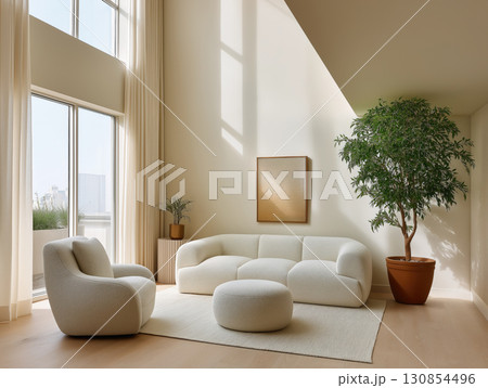 Cozy and modern living room with minimalist design and natural elements 130854496