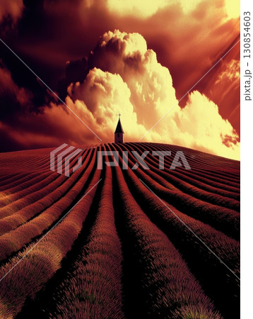 Serene Chapel on Lavender Hill Dramatic Sunset Cloudscape red sky art calm farm hope view field 130854603