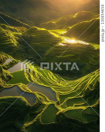 Golden Sunrise Bathes Lush Green Rice Terraces Stunning Landscape View eco asia rays hills rural 130854658