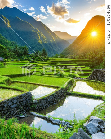 Stunning Sunset Over Lush Green Rice Terraces Mountain Landscape Sky View Asia Paddy Rural Hills 130854666