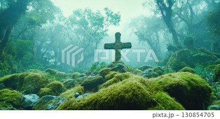 Ancient Celtic Cross Mystical Forest Scene Green Mossy Rocks art hope dark stone foggy misty faith 130854705