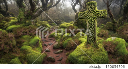 Ancient Celtic Cross Mossy Forest Path Mystical Green Nature Scene Old Dark Hope Calm Stone Trees 130854706