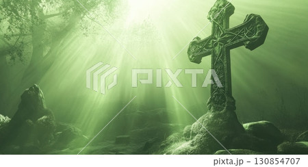 Ancient Celtic Cross Mystical Forest Green Light Sunbeams Spiritual Art Old Hope Calm Holy Stone 130854707