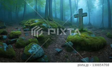 Ancient Celtic Cross Mystical Forest Scene Green Mossy Rocks fog art path calm dark blue stone trees 130854708
