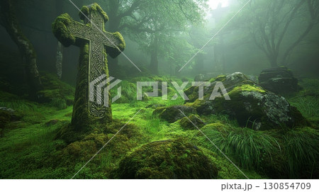 Ancient Celtic Cross Mossy Stone Forest Mystical Green Nature Scene Fog Art Calm Dark Hope Rocks 130854709