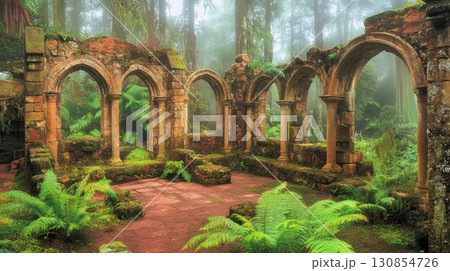 Ancient Stone Ruins Enveloped in Lush Green Forest Mystical Foggy Atmosphere Tranquil Serene Nature 130854726