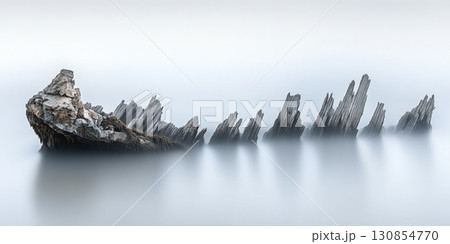 Serene Coastal Rock Formation Dramatic Ocean Mist Ancient Stone Structures Stunning Nature Scene Serene Coastal Rock Formation Dramatic Ocean Mist Ancient Stone Structures Stunning Nature Scene 130854770
