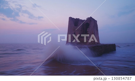 Ancient Oceanside Ruins Dramatic Waves Sunset Purple Sky Coastal Tower Stone Structure Seascape calm Ancient Oceanside Ruins Dramatic Waves Sunset Purple Sky Coastal Tower Stone Structure Seascape calm 130854787