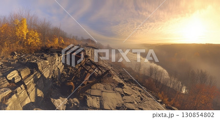 Autumn River Valley Scenic View Rusty Metal Remains Sunrise fog sky old fall mist wide blue trees 130854802