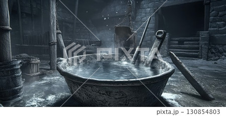 Ancient Stone Cauldron Winter Scene Dark Fantasy Game Background 3d art cold snow life water tools 130854803