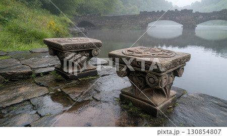 Ancient Stone Benches River Bridge Misty Landscape Scenic View UK Fog Day Calm Grey Moss Water Quiet Ancient Stone Benches River Bridge Misty Landscape Scenic View UK Fog Day Calm Grey Moss Water Quiet 130854807