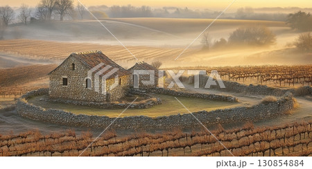 Stone Farmhouse Vineyard Autumn Sunrise Rural Landscape Scenery Golden Hour fog sky mist fall wine 130854884