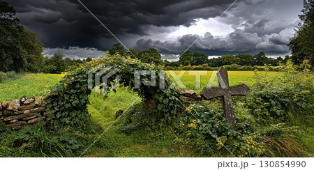 Stone Archway Rustic Cross Summer Field Dramatic Sky Green Lush ivy old wall view calm dark hope 130854990