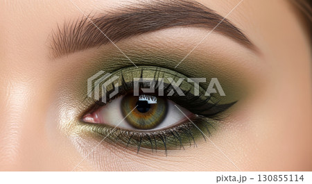 A high-detail, professional close-up photograph of a female eye with perfectly blended olive green eyeshadow 130855114