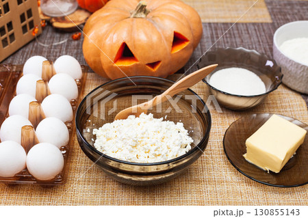 Ingredients for making cottage cheese dough for molded cookies for Halloween Ingredients for making cottage cheese dough for molded cookies for Halloween 130855143