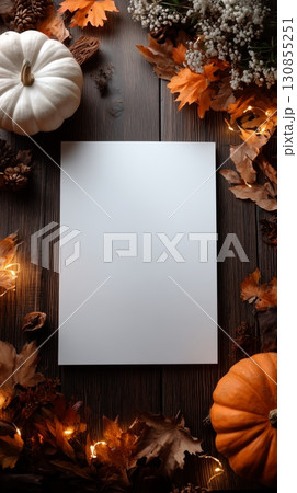 White blank paper with an autumn leaves and pumpkin. 130855251