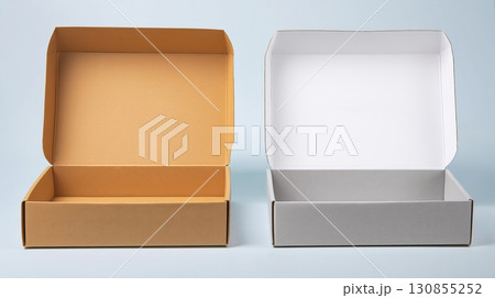 A half-opened paper box an on a Grey background. 130855252