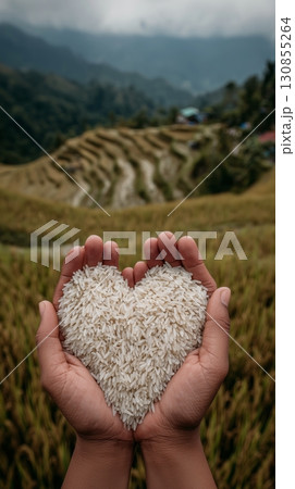 Two hands holding a lot of white, uncooked rice. The rice is forming a heart shape.  130855264