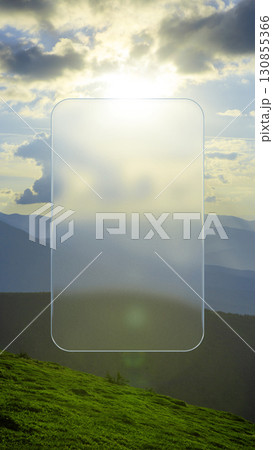 Collage template. Vertical glass panel glowing under sunlight with mountain horizon and bright sky Collage template. Vertical glass panel glowing under sunlight with mountain horizon and bright sky 130855366
