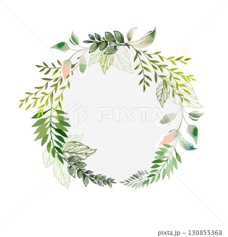 Round frame watercolor with green leaves . hand drawn. Not AI, Vector illustration Round frame watercolor with green leaves . hand drawn. Not AI, Vector illustration 130855368