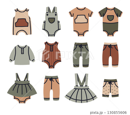 Baby clothing. Little girl and boy fashion clothes, children casual garments, bodysuit, kids pants and dresses flat vector illustration set. Childish clothes on white 130855606