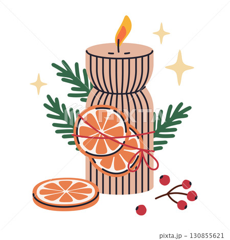 Christmas festive candle. Cartoon xmas scented wax candle, aroma wax candle for holiday home decor flat vector illustration. Cozy winter holidays aromatic candle Christmas festive candle. Cartoon xmas scented wax candle, aroma wax candle for holiday home decor flat vector illustration. Cozy winter holidays aromatic candle 130855621