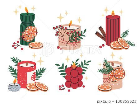 Christmas scented candles. Cartoon xmas wax candles with festive Christmas decorations, aroma wax candle for holiday home decor flat vector illustration set. Winter holidays aromatic candles Christmas scented candles. Cartoon xmas wax candles with festive Christmas decorations, aroma wax candle for holiday home decor flat vector illustration set. Winter holidays aromatic candles 130855623