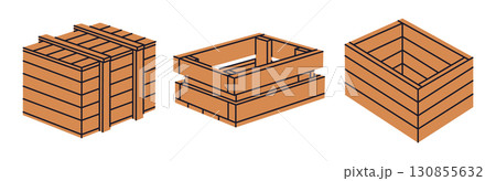 Wooden boxes. Cartoon delivery packages, cargo shipping wooden boxes flat vector illustration set. Wood delivery package collection on white Wooden boxes. Cartoon delivery packages, cargo shipping wooden boxes flat vector illustration set. Wood delivery package collection on white 130855632