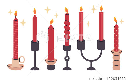 Xmas scented candles. Christmas red candles, festive Christmas decorations, aroma wax candle for holiday home decor flat vector illustration set. Cartoon winter holidays aromatic candles Xmas scented candles. Christmas red candles, festive Christmas decorations, aroma wax candle for holiday home decor flat vector illustration set. Cartoon winter holidays aromatic candles 130855633
