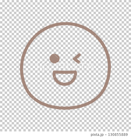 笑ってウインクしている顔の手書きの絵文字 - 茶色い線画のシンプルでかわいい笑顔やOKの感情表現 130855889