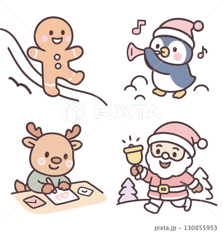 Gingerbread man sliding, penguin playing trumpet, reindeer drawing, Santa ringing bell, cheerful Gingerbread man sliding, penguin playing trumpet, reindeer drawing, Santa ringing bell, cheerful 130855953